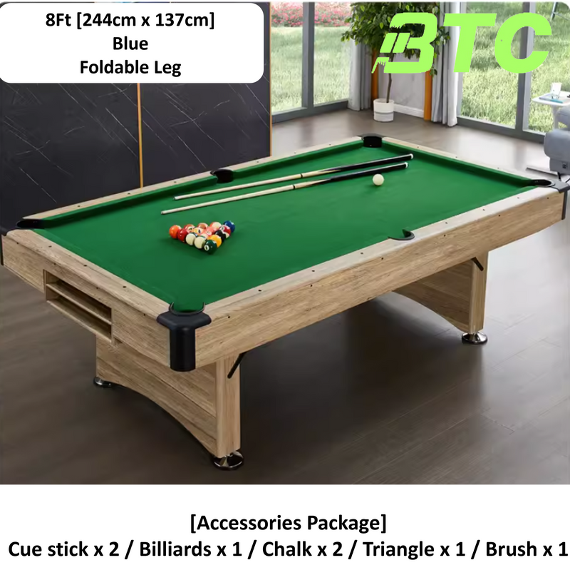 BTC 8ft Pool Table Billiards Foldable (Blue/Green) Accessories Free Wood Colour Frame