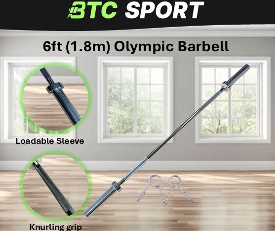 BTC SPORT 1.8m Olympic Size Barbell - Weightlifting Strength Training Gym Equipment